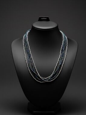 Iridescent Blue-Green and Silver Multi-Strand Beaded Necklace